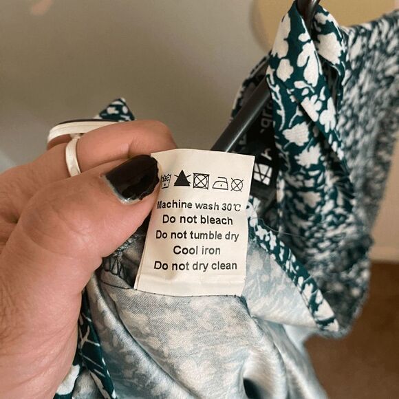 Like New Ruched Mock Neck White Floral Print Teal Midi Dress - Picture 6 of 11